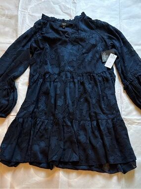 CeCe Dark Blue Floral Jacquard Tiered Dress